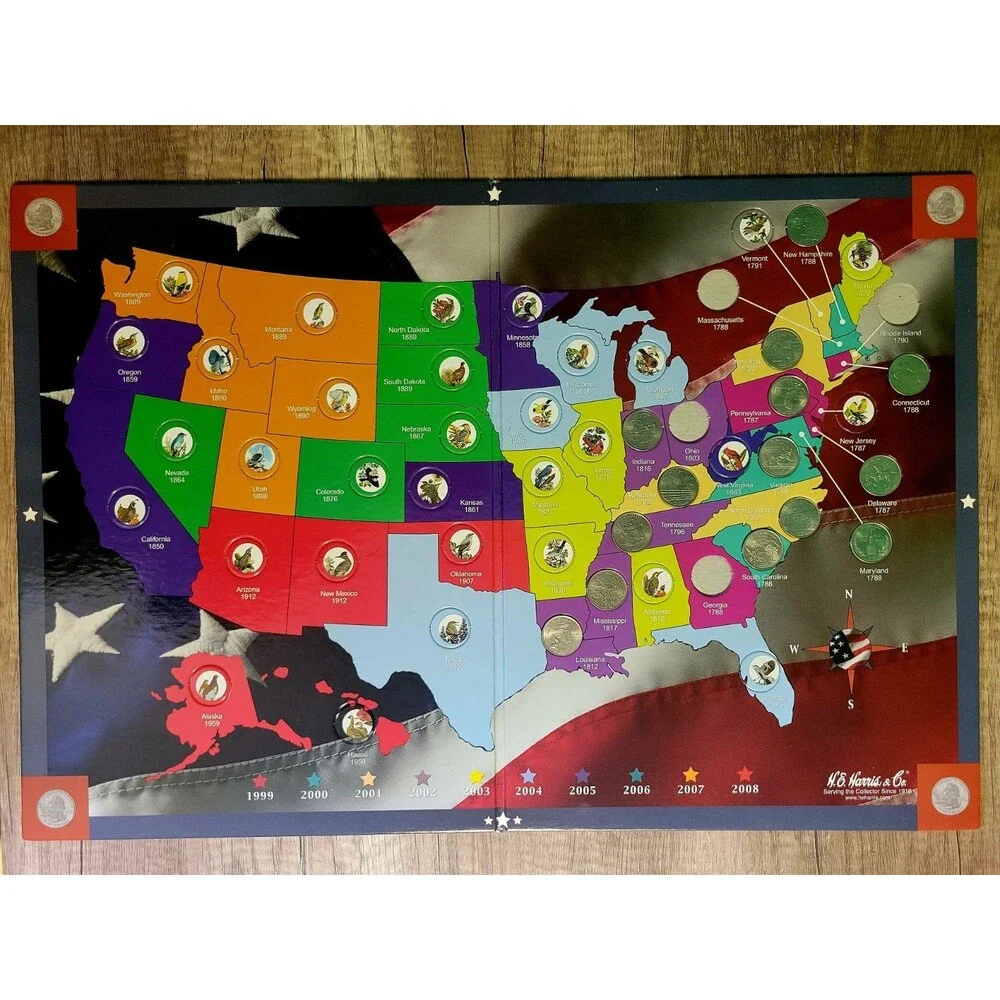 H.E. Harris & Co. State Series Quarters Collectors Map + Partial Set (14 of 50)
